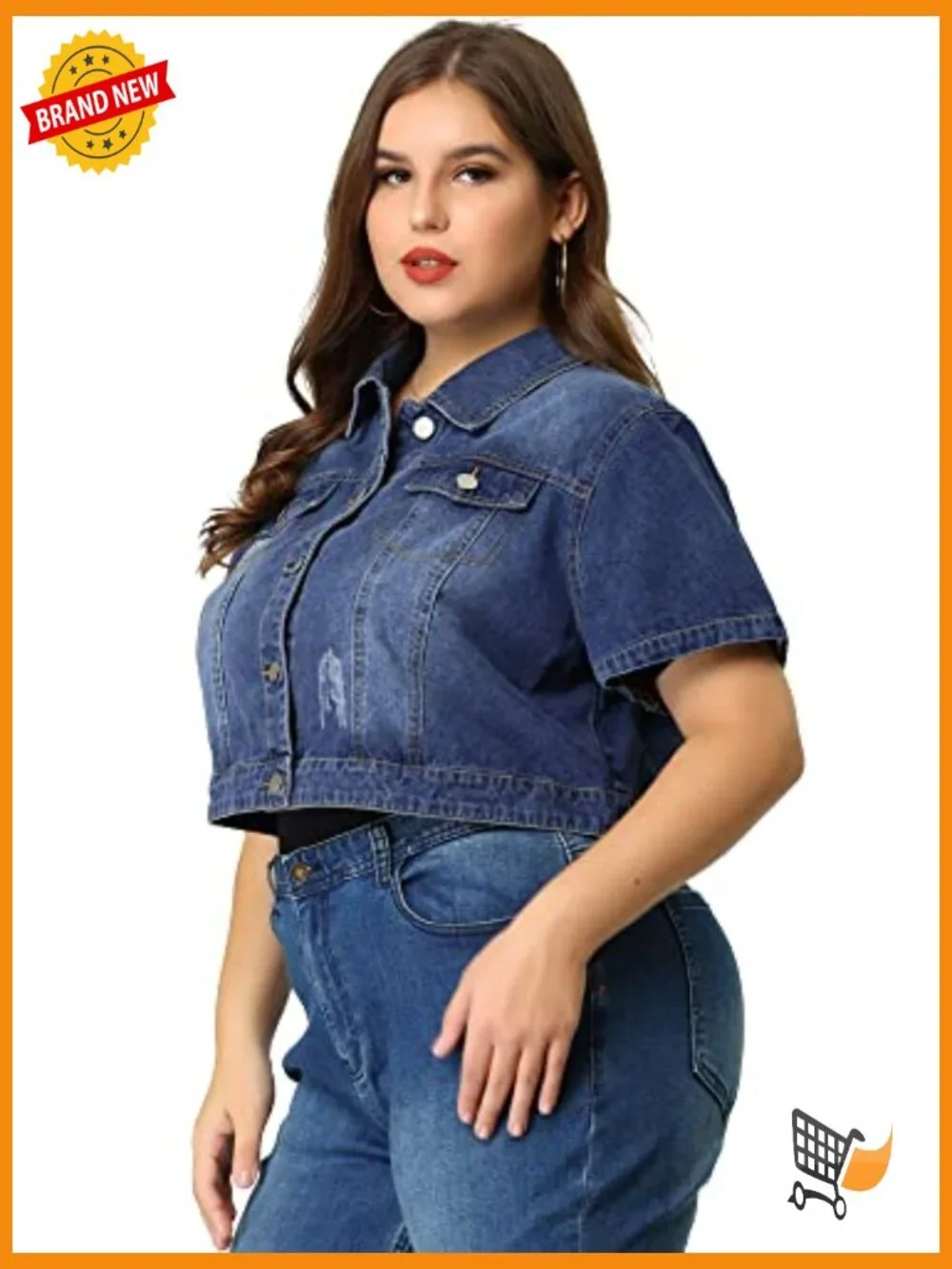 Plus Size Crop Denim Jacket Short Sleeve Button Down - Picture 4 of 7